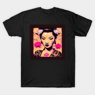 [AI Art] Nonexistent Asian woman with lotus flowers in the spirit of the works of Herman Brood T-Shirt